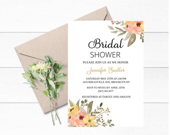 Floral Bridal Shower invitation, Floral Bridal Shower Invitation Instant Download, Floral Bridal Shower Invites, Peach Floral Bridal Shower