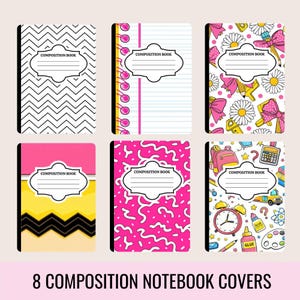 May include: Six composition notebooks with distinct covers: black and white chevron, lined paper with pink rings, white with daisies and pink bows, pink and yellow chevron, pink with white squiggles, and a pattern of school supplies and icons.