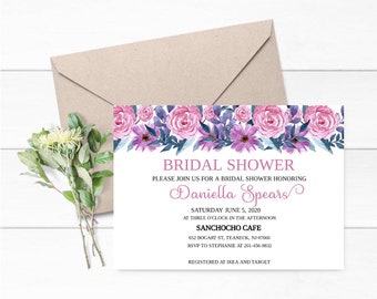 Floral Bridal Shower Invitation, Printable Bridal Shower Template, Pink Floral Bridal Tea Invitation, Floral Bridal Shower Invitation, HU1