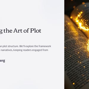 May include: Image of an open book with glowing golden light emanating from the pages. The text reads "Mastering the Art of Plot Structure" and "by Deb Ransburg". The book's pages are filled with text, suggesting a guide on narrative structure.