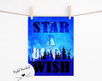 Wishes - Midnight, Celestial Instant Downloadable, Wish Upon A Star, Typography Printable, Forest Night Poster, Milky Way Wall Art, Eclectic