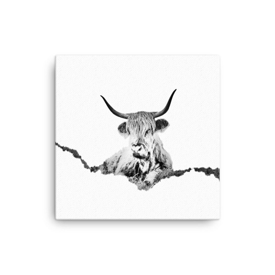 Highland Cow Black & White Canvas, Art Canvas Print Wall Art Office