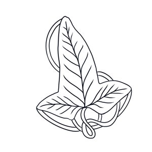 May include: Black and white line art illustration of a leaf with detailed veins and a curved stem. The leaf has a pointed top and a rounded bottom, with a swirling design around it. The image is set against a white background.