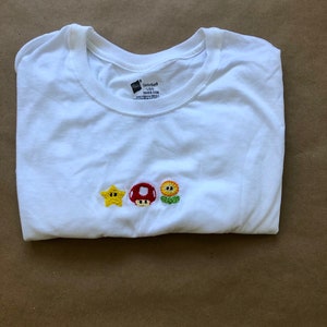 Super Mario Tshirt sweatshirt hand embroidery design, vintage video game, Nintendo, Mario cart, mushroom, Star, flower