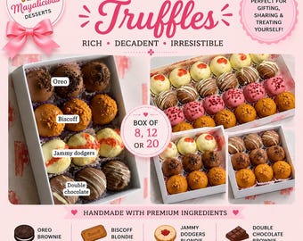 May include: A collection of brownie and blondie truffles in white boxes, featuring flavors like Oreo, Biscoff, Jammy Dodgers, and double chocolate. The text includes Mayalicious Desserts, Brownie/Blondie Truffles, and Box of 8, 12 or 20.