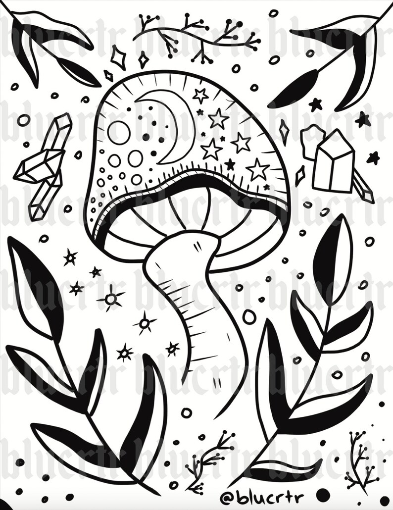 Printable Coloring Page Moon Mushroom With Crystals Leaves | Etsy