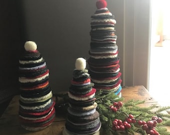 Felted Wool Set of 3-Christmas Trees. Felted Wool Sweater Trees. Christmas Décor. Stacked Christmas Tree, Handmade Wool Décor.