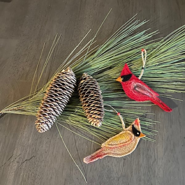 Recycled Felted Wool Male and Female Cardinal, Pair of Cardinals, Handmade Christmas Ornaments