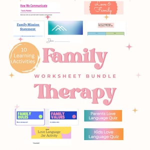 Könnte beinhalten: Eine Sammlung herunterladbarer Arbeitsblätter zur Familientherapie. Das Bild zeigt verschiedene Vorlagen mit Titeln wie „Familienleitbild“, „Familienregeln“ und „Liebessprachen-Glas-Aktivität“. Die Farbpalette umfasst Rosa-, Blau- und Orangetöne.
