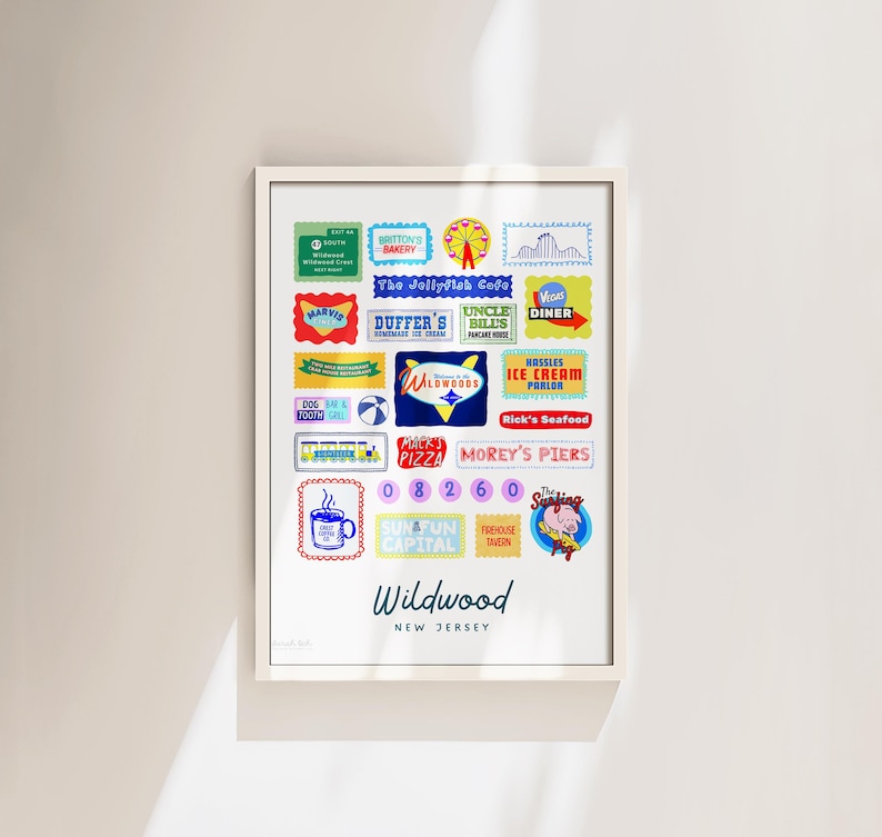 Peut inclure: Une affiche encadr&eacute;e pr&eacute;sentant des enseignes et logos color&eacute;s de style vintage de Wildwood, New Jersey. Les enseignes incluent des entreprises comme "Duffer's," "Mack's Pizza," et "Morey's Piers." L'affiche est dans un cadre blanc.