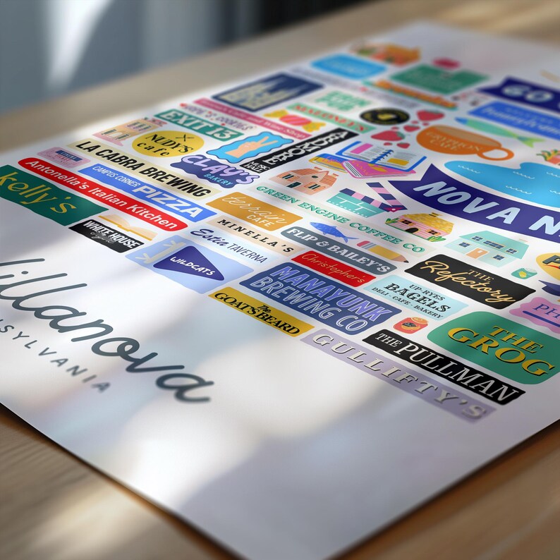 May include: A poster featuring colorful sticker-like designs of local businesses and landmarks. The poster includes text such as "Villanova" and various business names like "La Cabra Brewing" and "Green Engine Coffee Co."