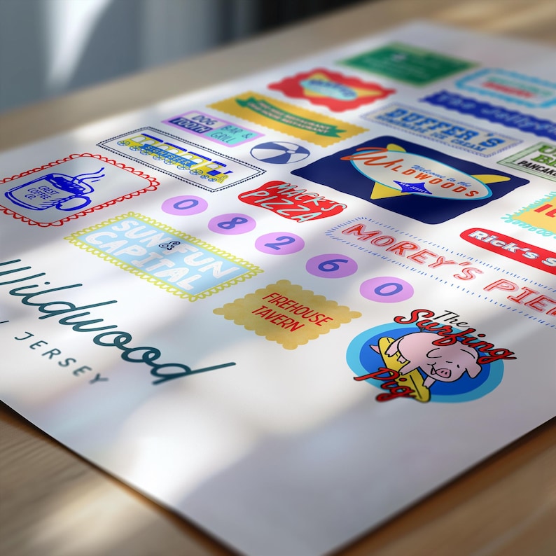 Peut inclure: Une affiche blanche avec divers logos et textes de style r&eacute;tro, dont "Wildwood, Jersey". Les logos incluent "Morey's Pier", "Mack's Pizza" et un cochon surfeur. Des chiffres et d'autres graphiques sont &eacute;galement pr&eacute;sents.