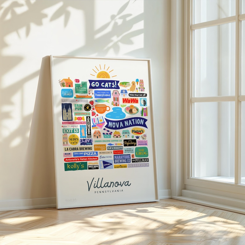 May include: A framed art print featuring a collage of colorful illustrations and text related to Villanova, Pennsylvania. The print includes the text "GO CATS!" and "NOVA NATION", along with various local businesses and landmarks. The print is displayed indoors, leaning against a wall.