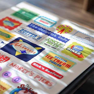 Peut inclure: Une collection d'autocollants color&eacute;s de style vintage repr&eacute;sentant diverses entreprises. Les autocollants incluent du texte tel que "Wildwoods", "Duffer's Homemade Ice Cream" et "Vegas Diner". Les motifs utilisent des polices r&eacute;tro et des couleurs vives, &eacute;voquant la nostalgie.