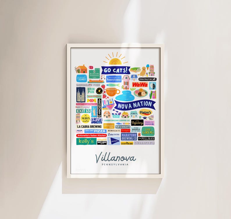 May include: A framed print featuring a colorful collage of local businesses and landmarks from Villanova, Pennsylvania. The design includes the text "Go Cats!" and "Nova Nation," with the town's name at the bottom.