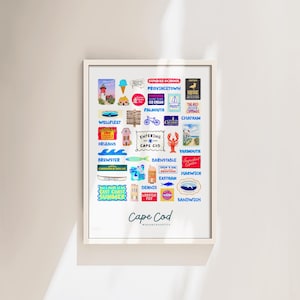 May include: A framed art print featuring a collage of colorful illustrations and text related to Cape Cod, Massachusetts. The design includes various icons like a lighthouse, lobster, bicycle, and ice cream, alongside names of towns and local landmarks.