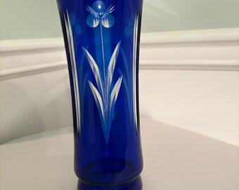 Vintage (20's) Cobalt Bule cut-to-clear floral design vase