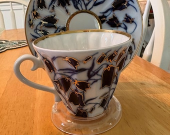 Lomonosov Porcelain Russian Tea Cup and Saucer in the "Bluebells" pattern