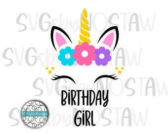 Unicorn Birthday Girl cut file in svg/png/pdf.  Unicorn Face svg. Unicorn with Flowers svg. Digital Download.