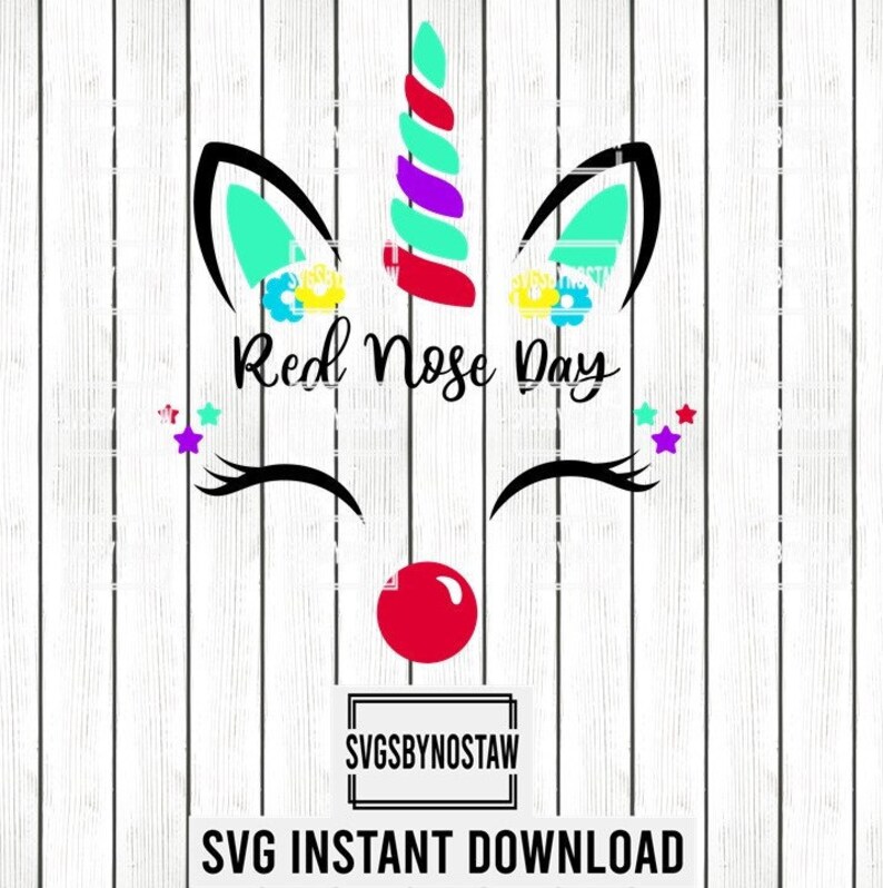 Pu&ograve; includere: Un design di unicorno per la Giornata del naso rosso con un naso rosso, ciglia e il testo "Red Nose Day".