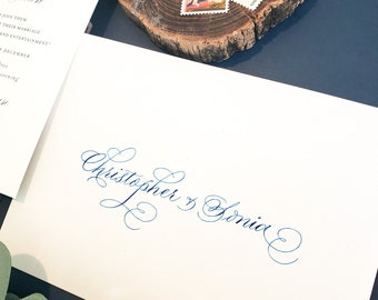 Calligraphy addressing for both inner and outer envelopes, hand lettered calligraphy for weddings and events.
