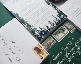 Forest wedding invitation, woodland wedding invitation suite, green wedding invitation with green envelope, mountain wedding invite suite