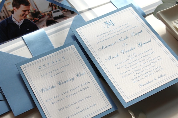 Light Blue Wedding Invitation Set, Linen Paper, Vellum Wrap