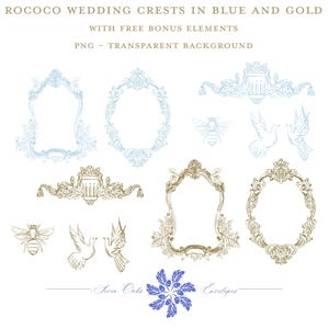 Puede incluir: Un conjunto de crestas de boda rococó azules y doradas con elementos de bonificación gratuitos. Las crestas tienen forma de marcos e incluyen una abeja, palomas y un diseño floral. El texto "Sever Oaks" y "Envelope" está incluido en la imagen.