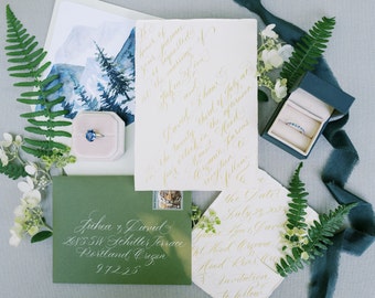 Hand written Invitation with gold calligraphy on deckled edge paper with rsvp for weddings and events, micro wedding invitation, olive green