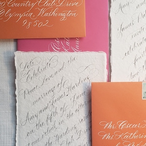 Invito personalizzato con calligrafia a mano / invito per matrimonio, anniversario, compleanno e fidanzamento di ispirazione boho e francese su carta con bordo frastagliato