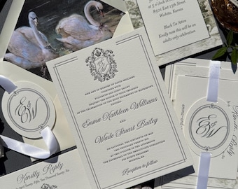 Luxury Letterpress Wedding Invitation Set, Double Thick Cotton Paper Suite, Crest Monogram (8 piece set)