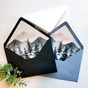 Montagna della busta con download istantaneo dell'albero di pino, invito a nozze fai da te con la fodera della busta, invito per il compleanno della fodera della busta per lui