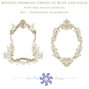 Puede incluir: Dos crestas de boda doradas ornamentadas con un diseño de copo de nieve azul y blanco. El texto "Sever Oaks" y "Covelspot" está debajo de las crestas.