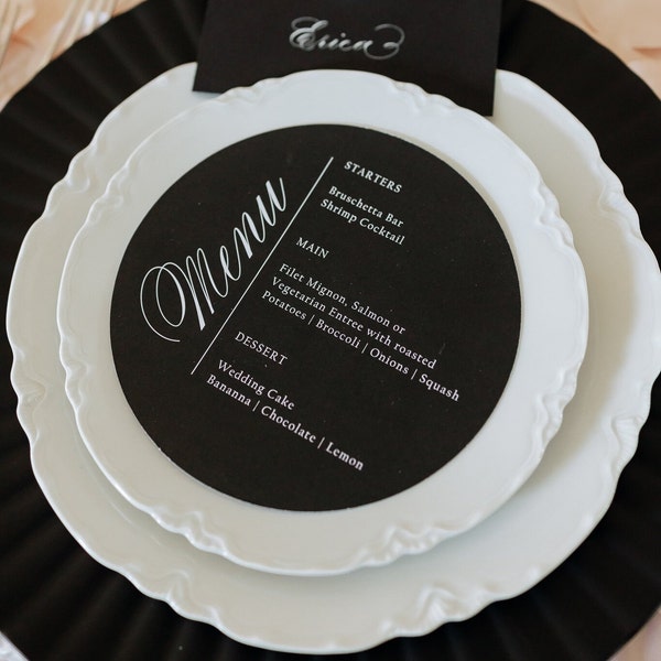 Wedding Dinner Menu black and white round menu customizable printed menu cards for wedding banquet table decor functional table decorations