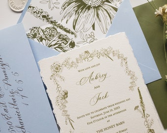Wildflower wedding invitation for Fall, Spring and Summer, deckled edge invitation with matching envelope and liner shown in lime cream