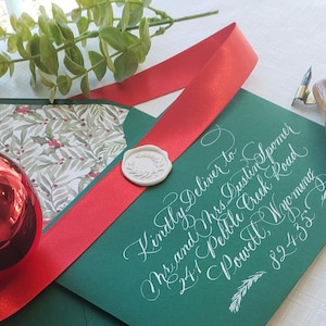 Christmas Card Calligraphy addressing on envelopes Holiday Card Calligraphy Addressing A7 5x7&quot; green envelope for holiday cards family gift.