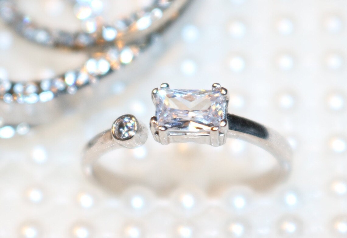 Dainty Silver Ring White Accent Diamond Statement or Stackable