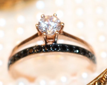 Diamond Ring with Rose Gold Band - Double Stacked - Black Diamonds Along Attached Band