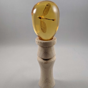 May include: A clear amber stone with a preserved dragonfly inside, displayed on a wooden stand.