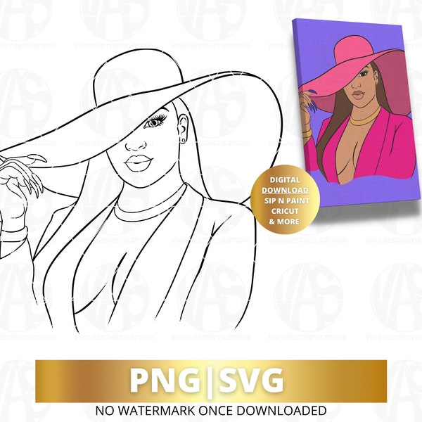 Woman with hat Outline PNG Svg, Black Girl Svg ,Girl Clipart, Queen Svg, Hair Svg, Beauty Svg, Paint N Sip canvas , Cricut File