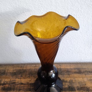 Beautiful Petal Top Blown Glass Vintage Looking Vase - Deep Amber/Brown - Year Unknown