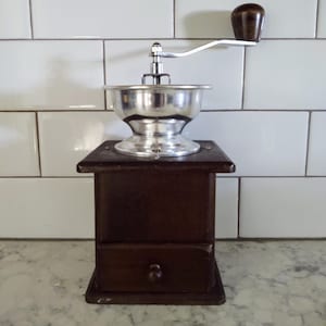 Vintage Coffee Grinder on Wood Stand with Drawer