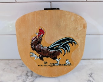 Vintage Mid Century MCM Wooden Hamburger Press Kitchen Decor Hand-Painted Rooster Design