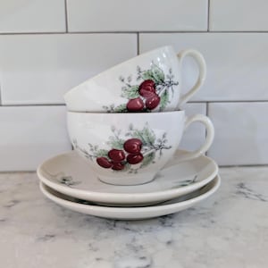 Vintage 1965-1970 Fine Porcelain Carefree Cherry Cups and Saucers Set of 2 by Syracuse China Wayside