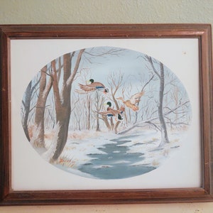 1989 Vintage Wood Framed Original Painting on Canvas of Mallard Ducks in Snow Scene Signed &quot;Davies&quot; Vintage Art Wall Décor Home Décor