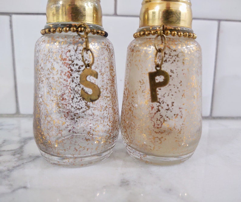 Vintage Hazel Atlas Gold Glitter Salt & Pepper Shaker Set Rare with S and P Charms image 4