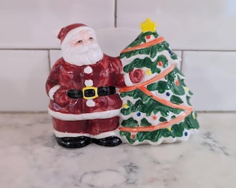 Vintage Otagari Japan Hand Painted Santa Clause and Christmas Tree Napkin Holder