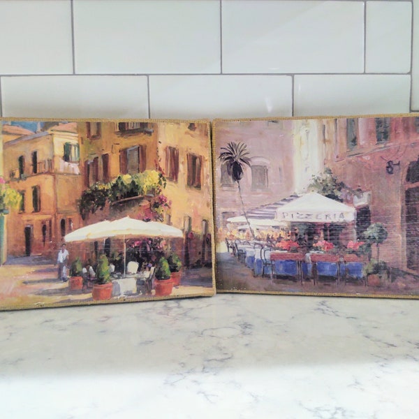 Two Vintage Italian Scene Burlap Wrapped Wall Hangings Wall Décor Home Décor