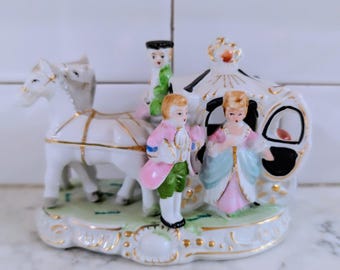 Vintage Hand-painted Porcelain Figurine Victorian-Style Horse-drawn Carriage Scene