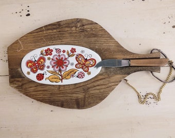 Vintage Wood and Floral Porcelain Cheese Board with Stainless Steel Knife by Royal Pantry Handcrafted in Japan